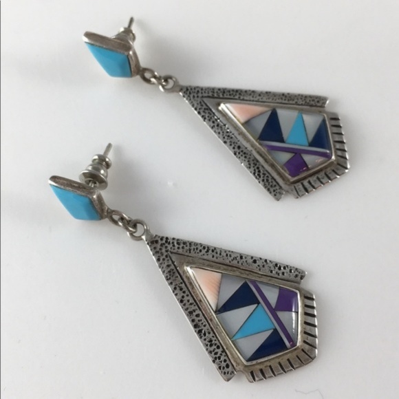 Native American Silver Turquoise Earrings Santa Fe - Picture 4 of 7